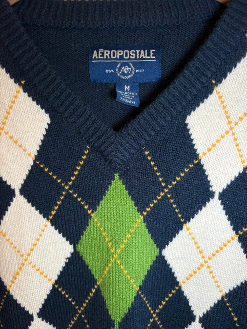 Aeropostale Men's Collegiate Argyle V-Neck Sweater Navy Green Preppy Y2K Medium - Picture 5 of 10